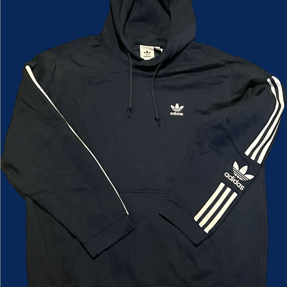 Adidas Men's Dark Blue Hoodie with White Stripes
